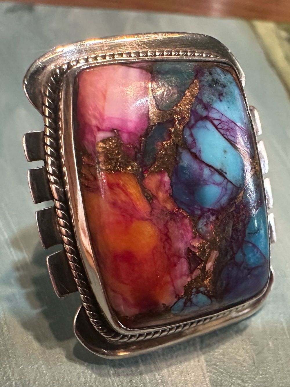 Spiny Oyster Turquoise Statement Ring - Bold Turquoise, Pink & Orange